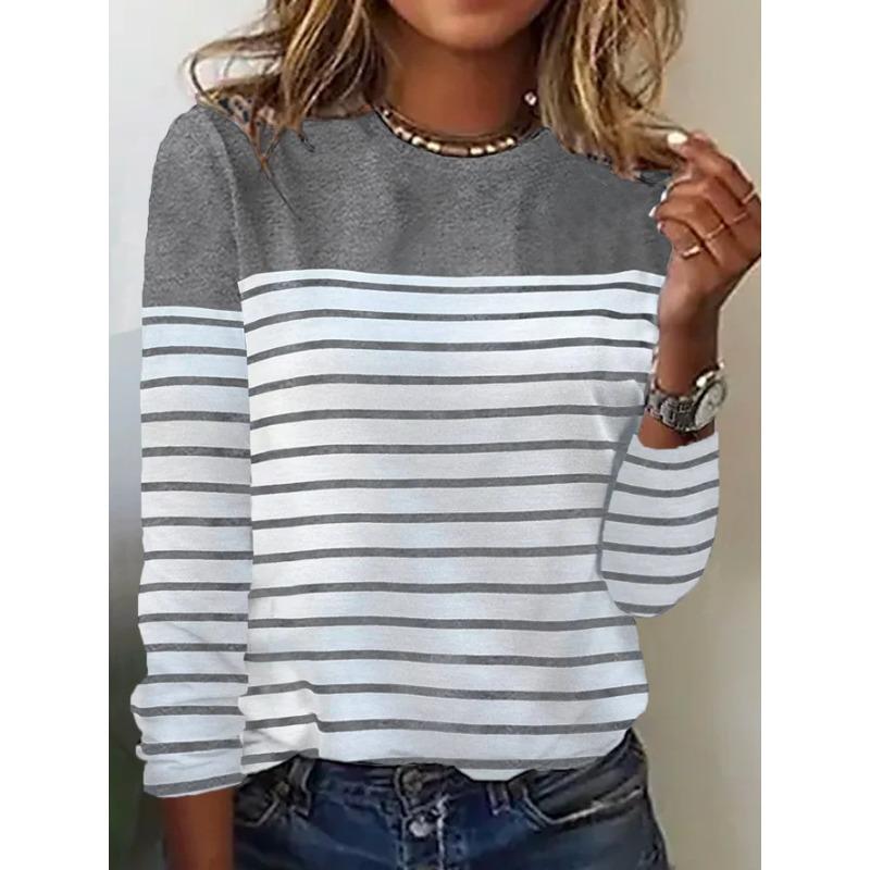 Женская футболка с длинным рукавом 2025 года, полосатая, двухцветная, с принтом, сшивная, с круглым вырезом, модный топ, базовая повседневная футболка