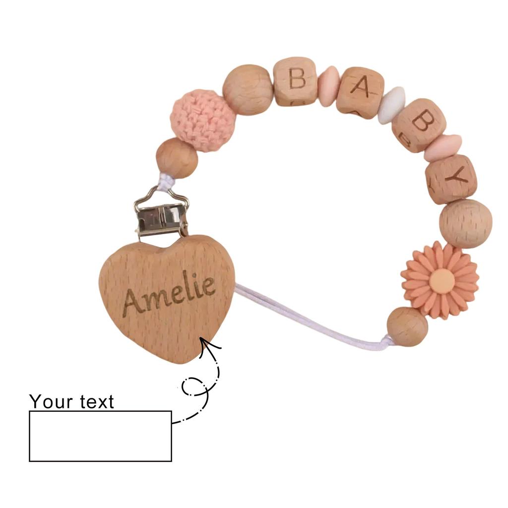 Персонализированная гравировка на зажиме для детской соски, цепочка для детской соски, зажим для персикового дерева из бука, цепочка для прорезывания зубов