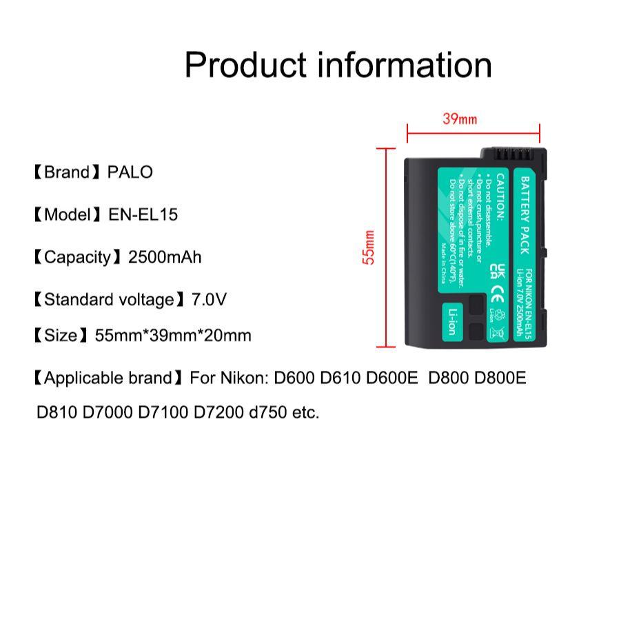 PALO 2 шт., 2500 мАч EN-EL15 ENEL15 аккумулятор + зарядное устройство для Nikon D7000 D7100 D800 D800E D600 D610 D810 D500 D7200 V1