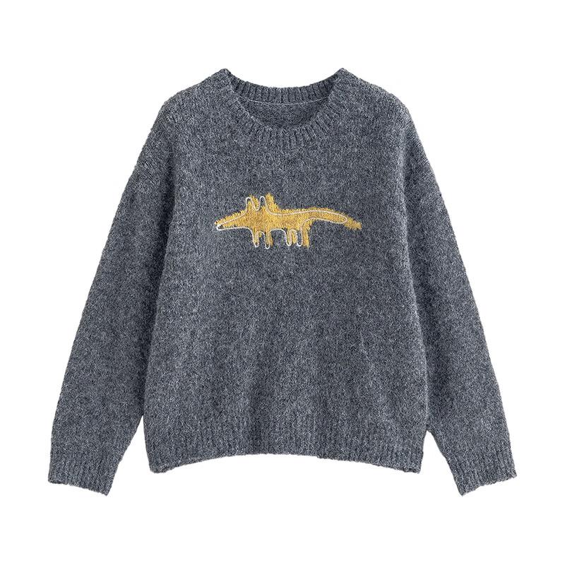 Chuyu Women's Cartoon Jacquard Knit Round Neck Sweater