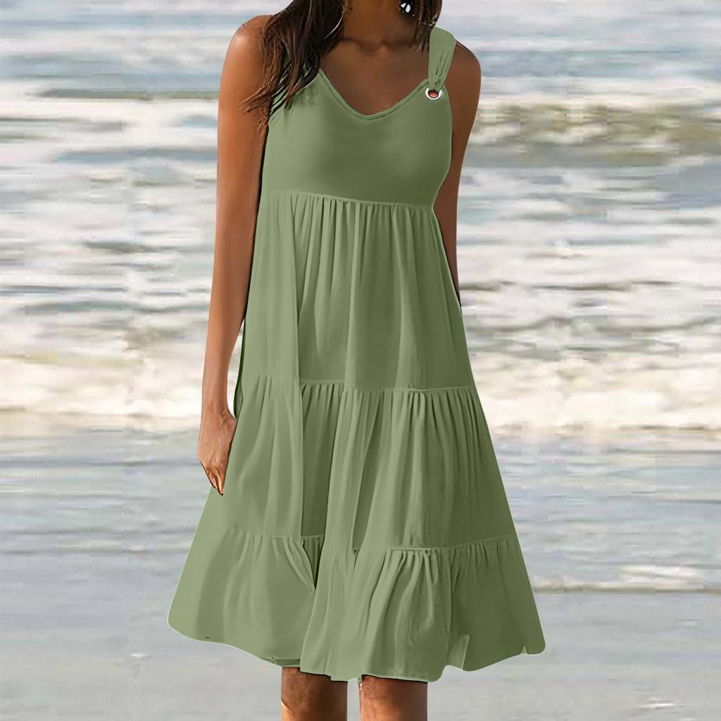 YYFS Women's Fashion Summer Spring Solid Color Print Sleeveless V-Neck Middle Waistline Casual Dresses