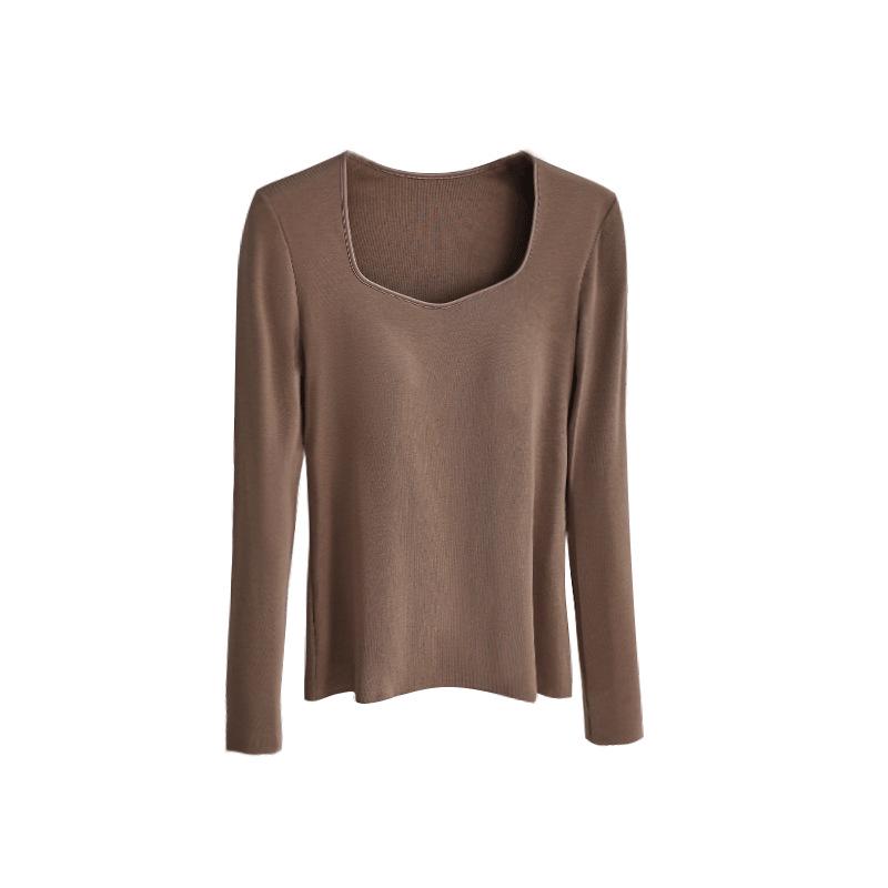 Women's Wool Square Collar Long Sleeve Thermal Shirt with Chest Pad