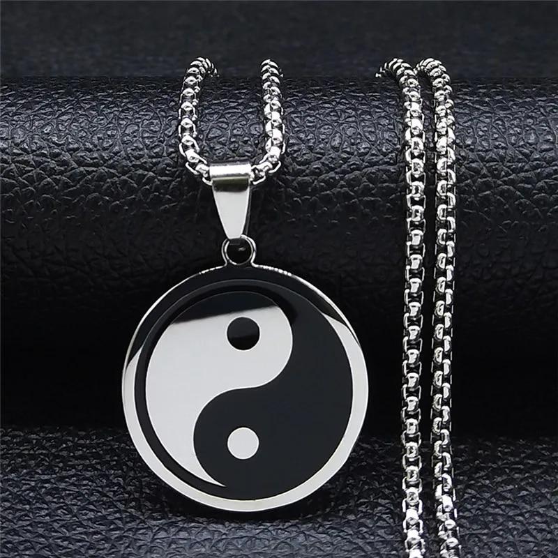 Yin Yang Gossip Necklace for Women/Men Stainless Steel Silver Color Ba Gua Taichi Chain Jewelry