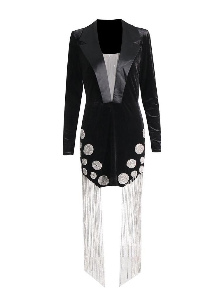 Summer 2025 European & American Rhinestone Deep V Tassel Evening Dress