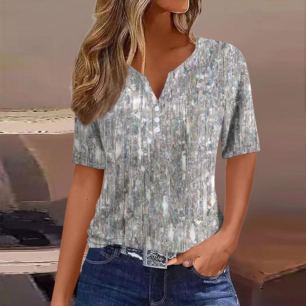 Women's Casual Sequin Printed V-Neck Short Sleeve Decorative Button T-Shirt Top