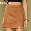 Женская замшевая короткая юбка с запахом на бедрах, с высокой талией, на молнии, однотонная юбка-трапеция на бретелях на осень и зиму