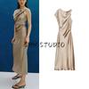 Spring New Women's Clothing Asymmetric Collar Ruched Decorative Silk Satin Texture Elegant Dress 2248748