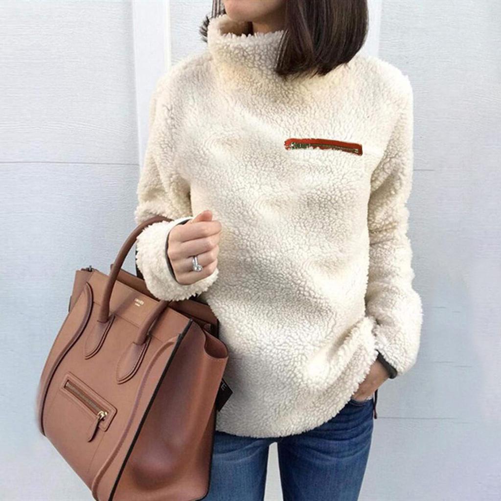 Женская однотонная толстовка с высоким воротником, теплая длинная рукава, пуловер, плюшевая флисовая блузка с застежкой-молнией