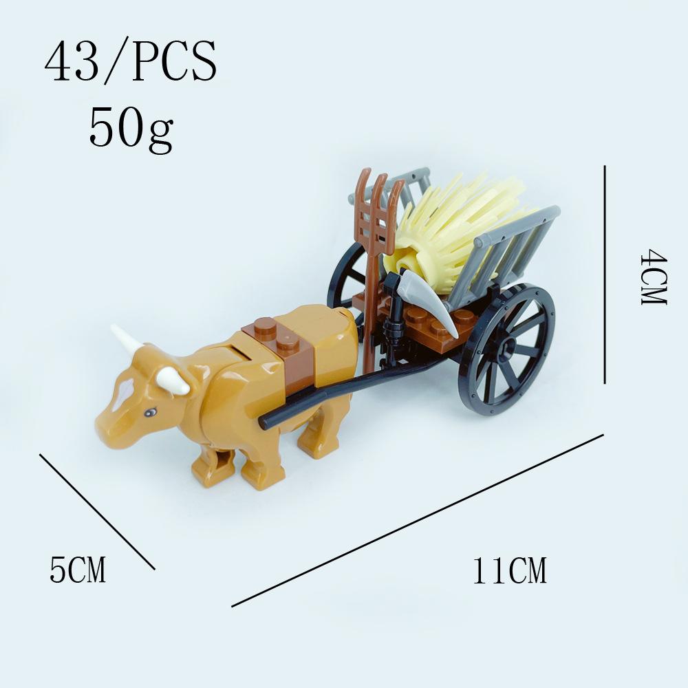 Building Toy Set - Animal Moc Farm Scene With Plowing Bull - Educational Construction Blocks For Kids