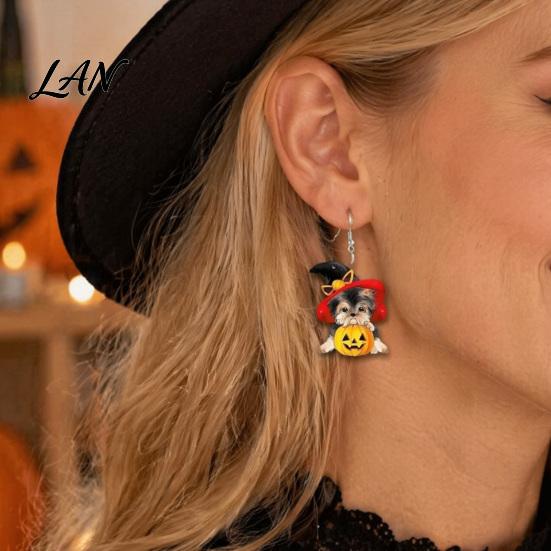 Cute Halloween Gift for Her Witch Hat Puppy Earrings, Dog Pumpkin Drop Fashionable Acrylic Earrings Lightweight Jewelry, Accessories Women Girls