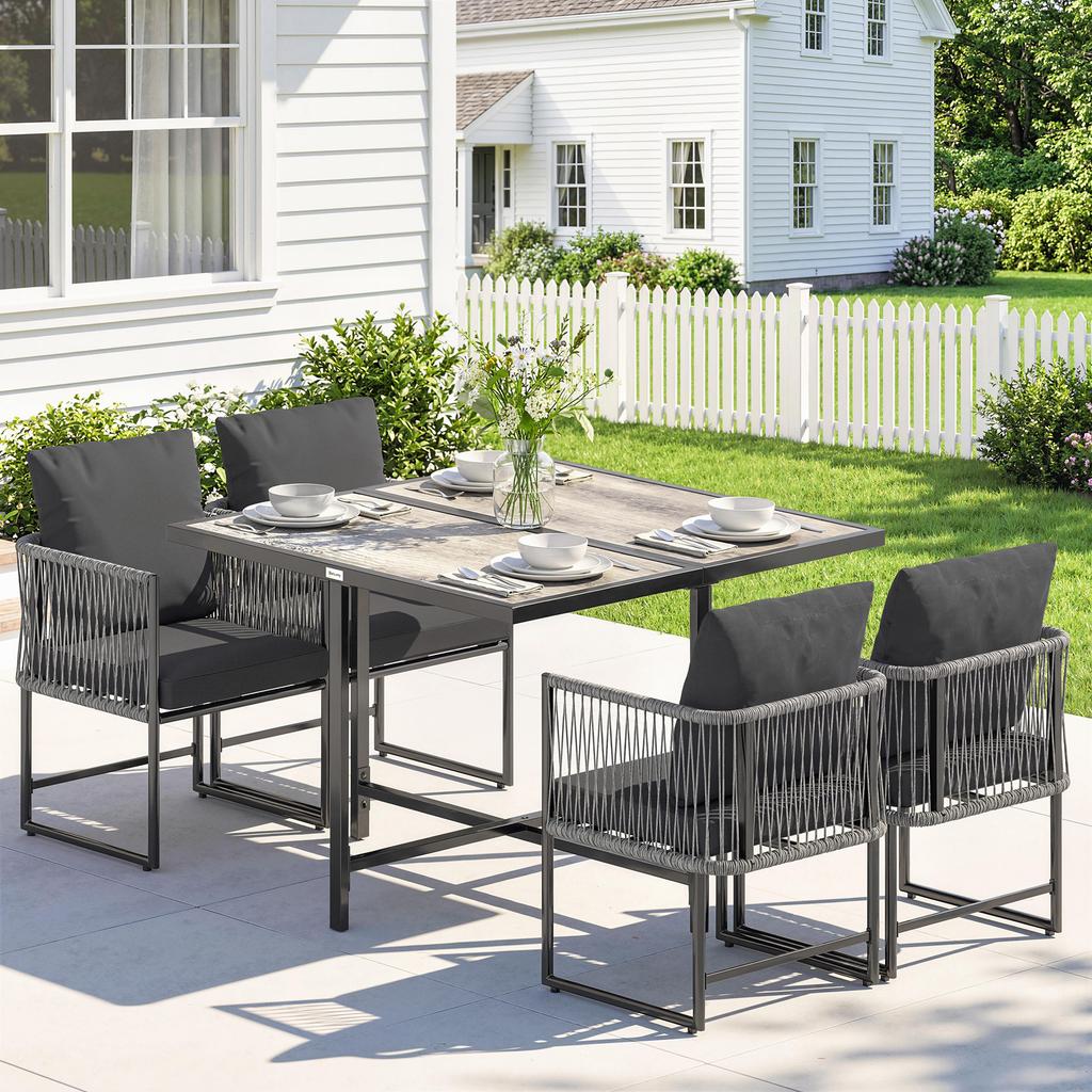 Poly Rattan Garden Furniture Set 5-Piece Space-Saving Seating Group Table with 4 Chairs DPC Tabletop Cushions Grey
