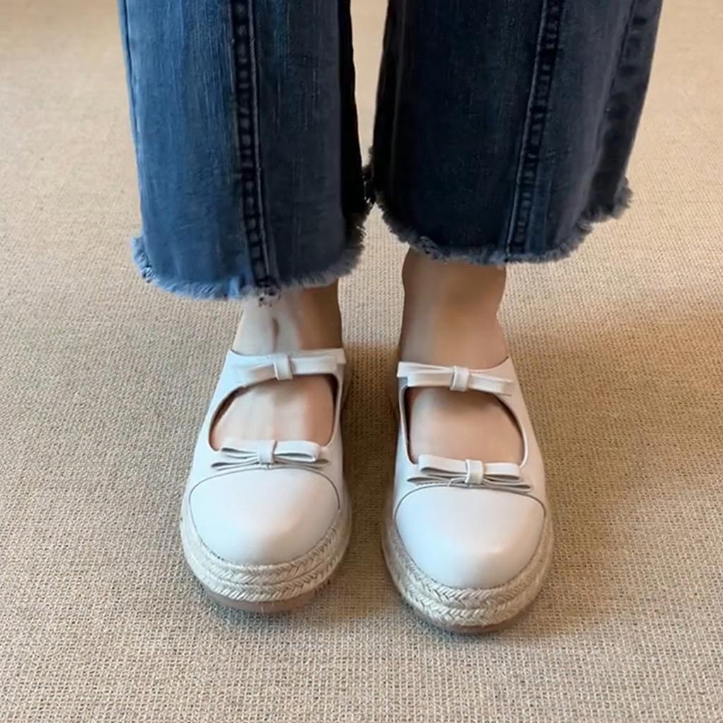 Ретро соломенные плетеные на толстой подошве увеличивающие рост туфли-рыбаки женские с круглым носком, неглубоким вырезом, перемычкой с бантом и закрытой пяткой