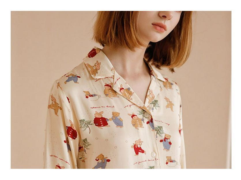 Женский рождественский пижамный комплект из сатина с принтом кролика - с коротким рукавом и шортами