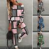 2 Pcs/Set Women Top Pants Suit Color Matching Off Shouder Long Sleeve Loose Elastic Waist Patchwork Women Spring Fall T-shirt Trousers Set Lady