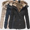 Women's Slim Fit Hooded Winter Jacket with Fur Collar and Zipper Closure