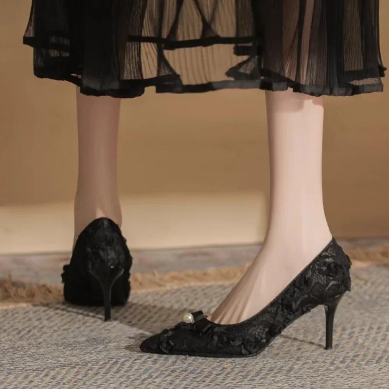 Цветы бант женские кружевные сетчатые туфли с острым носком на высоком каблуке элегантные женские дизайнерские туфли-лодочки на шпильках летние туфли