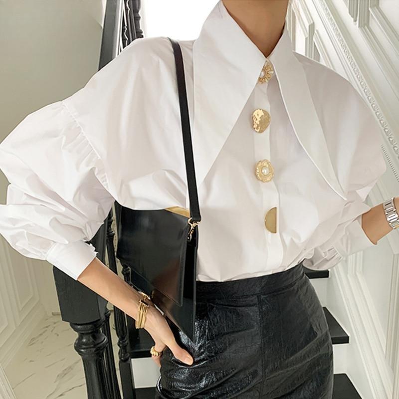 Chic Button Cotton White Shirt Women Spring Casual Office Lady Women Blosues Loose Lantern Long Sleeve Shirts Tops Blusas 15631