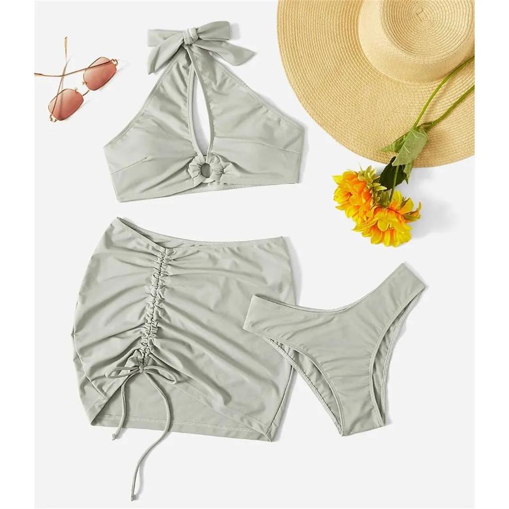 3PCS With Skirt Halter Lace Up Bikini Women Swimwear Female Swimsuit Three-pieces Bikini Set Bather Bathing Suit Swim Lady