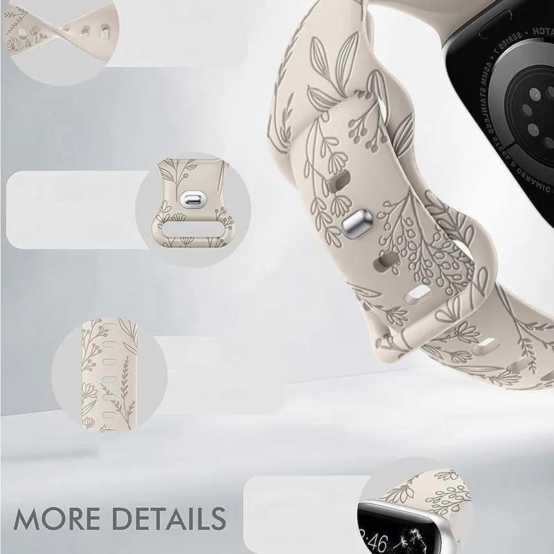 Silicone Watch Strap For Apple Watch Band Fashion Pattern Flower Engraving 49/44/45/40/42/38mm iWatch Series Ultra Band