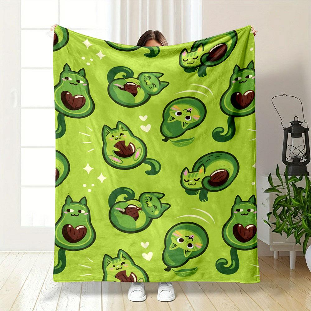 "Avocado Cat Pattern Green Background" Patterned blanket, flannel, suitable for all seasons, home decor, warm and cozy