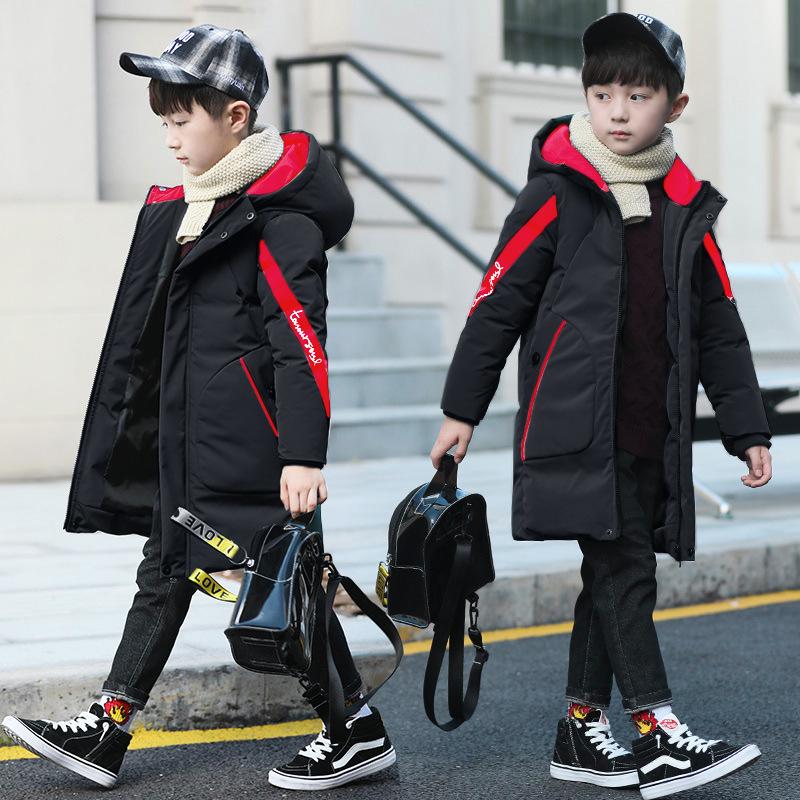 Boys Winter Long Jacket Style Solid Color Thick Keep Warm Hooded Windbreaker For 3-10 Years Kids Down Cotton Outwear