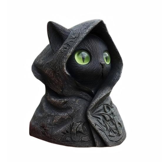 Hooded Cat Statue Resin Mysterious Black Cat Figurine Gothic Tabletop Mini Cat Sculpture Halloween Decoration Gift for Cat Lovers