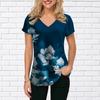 Women's V-Neck Short Sleeve Sunflower Lotus Pond Printed Tops Loose T-Shirt Casual Blouse