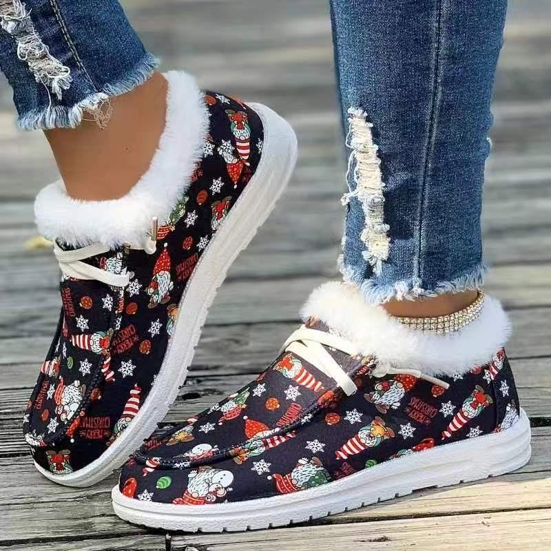 Модная европейская и американская рождественская женская обувь 2024 осень-зима новая с принтом повседневная бархатная теплая женская хлопковая обувь на платформе