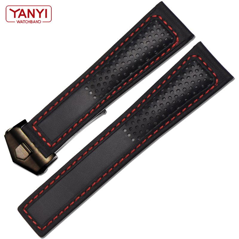 Genuine Leather Strap 22m for Ta-g He-uer F1 Watchband Red Stitches Wristwatches Band Fold Buckle Leather Watch Bracelet