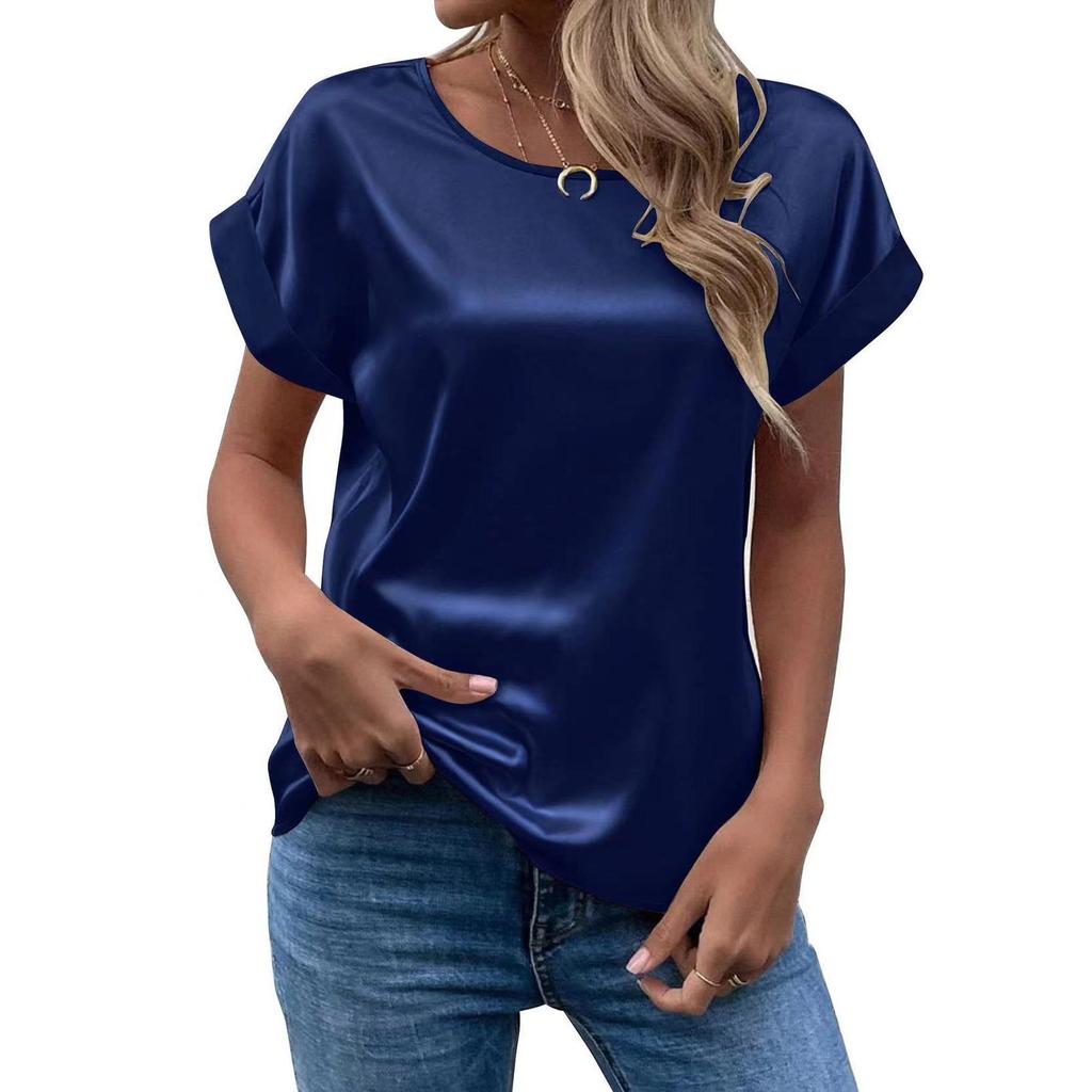 Spring and Summer New Women's Short Sleeve Satin Shirt Loose Casual Round Neck Colored Ding T-shirt Women