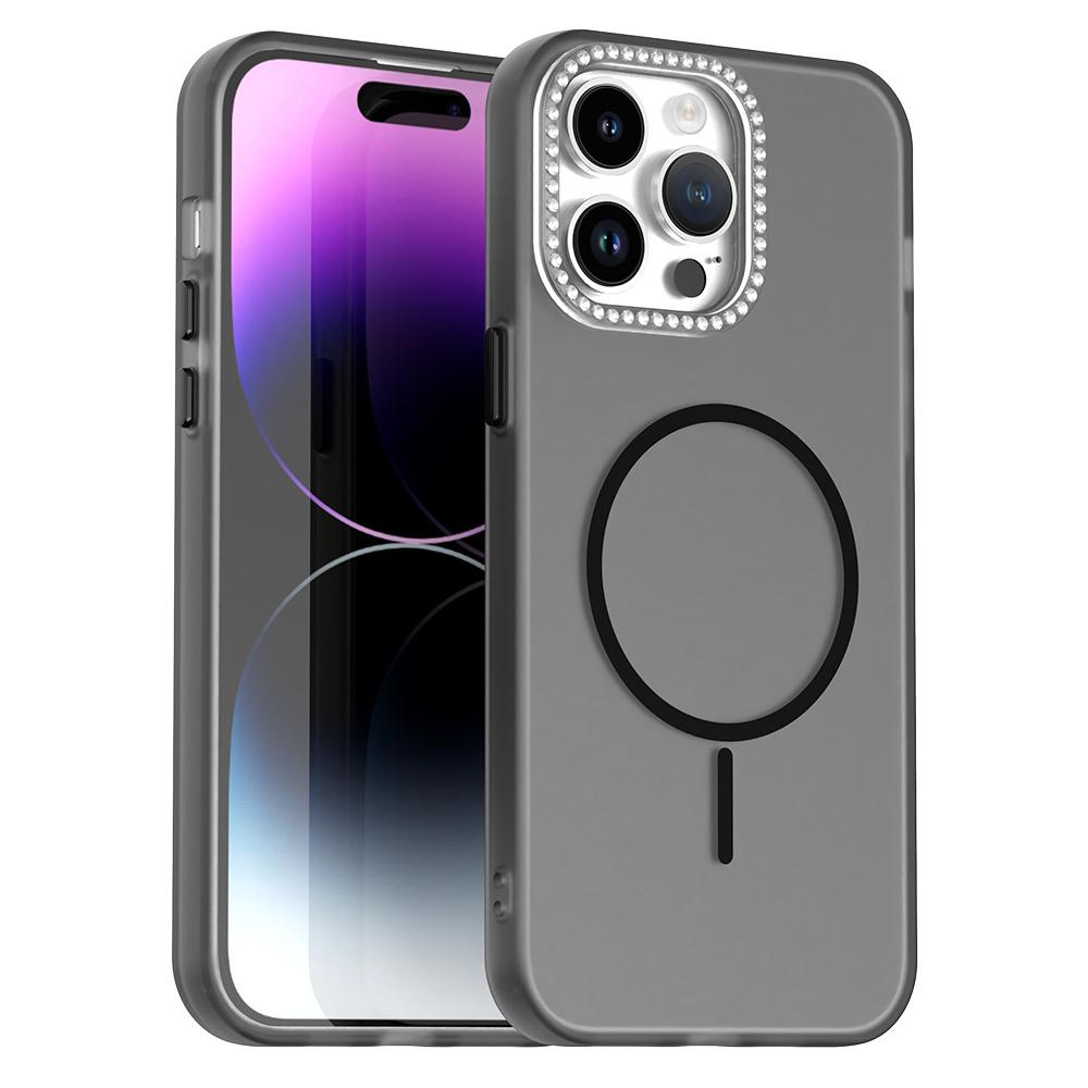 For iPhone 14 Pro Case Compatible with MagSafe TPU+PC+PET Phone Cover Rhinestone Decor Lens Frame