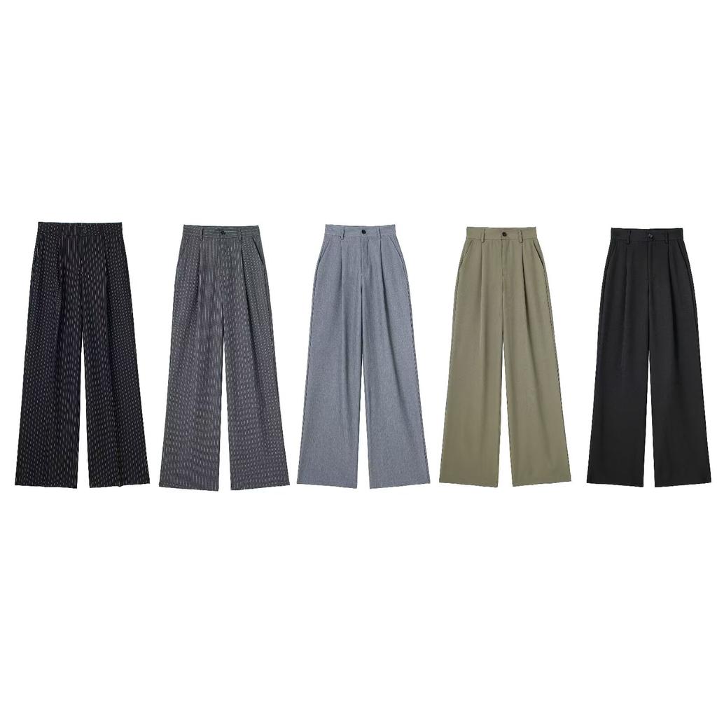 Women Fashion Solid Pleated Front Zipper Wide Leg Pants Vintage High Waist Full Length Female Chic Lady Trousers