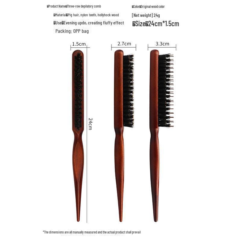 Three-Row Curly Pig Bristle Comb for Fluffy Hair with Pointed Tail - Ideal for Ladies