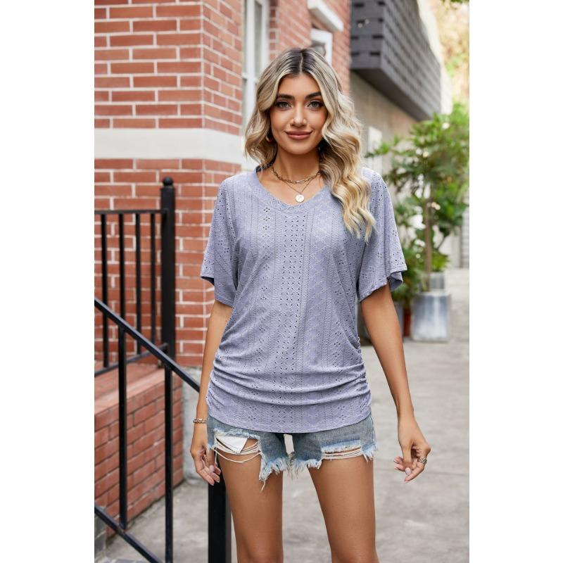 Summer Women's T-shirt with Hollowed Out V-neck Pleated Casual Top