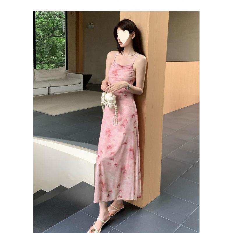 Super Immortal Butterfly Printed Swinging Neck Suspender Dress Female Summer Slim Pure Desire Tea Break Waist Little Mom Hip Wrap Skirt