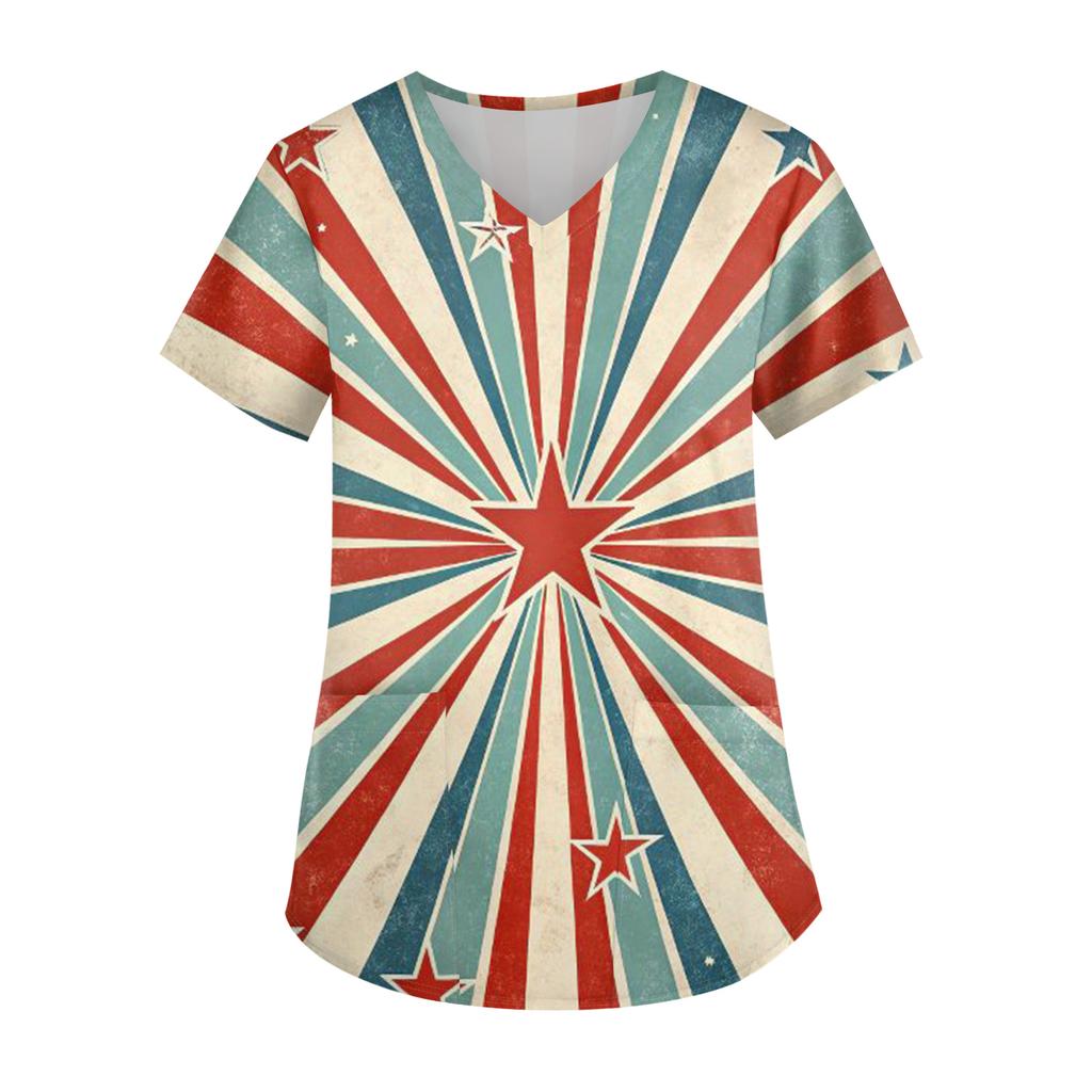 Женская модная футболка с принтом ко Дню Независимости, V-образным вырезом, карманом, короткими рукавами, униформа и топ для ухода