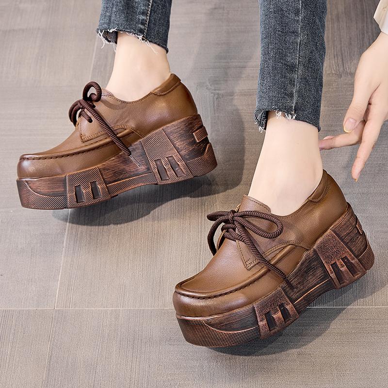 Модные туфли-лодочки из натуральной кожи GKTINOO 2025 Весна Новинка Женская обувь на толстой подошве Ретро Удобные туфли-клинья на платформе с круглым носком