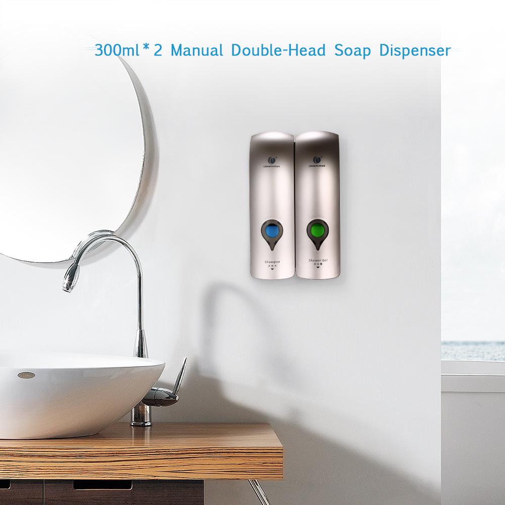 CHUANGDIAN 300ml*2 NO Drilling Wall Mounted Double-Head Manual Soap Dispenser Bathroom Shower Gel