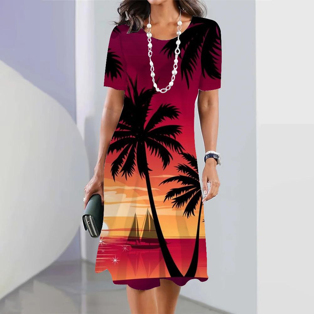 Holiday Leisure Short-sleeved Floral Printed Hawaiian Fashion Loose Swing Skirt Party Women's Sexy Bohemian Dress