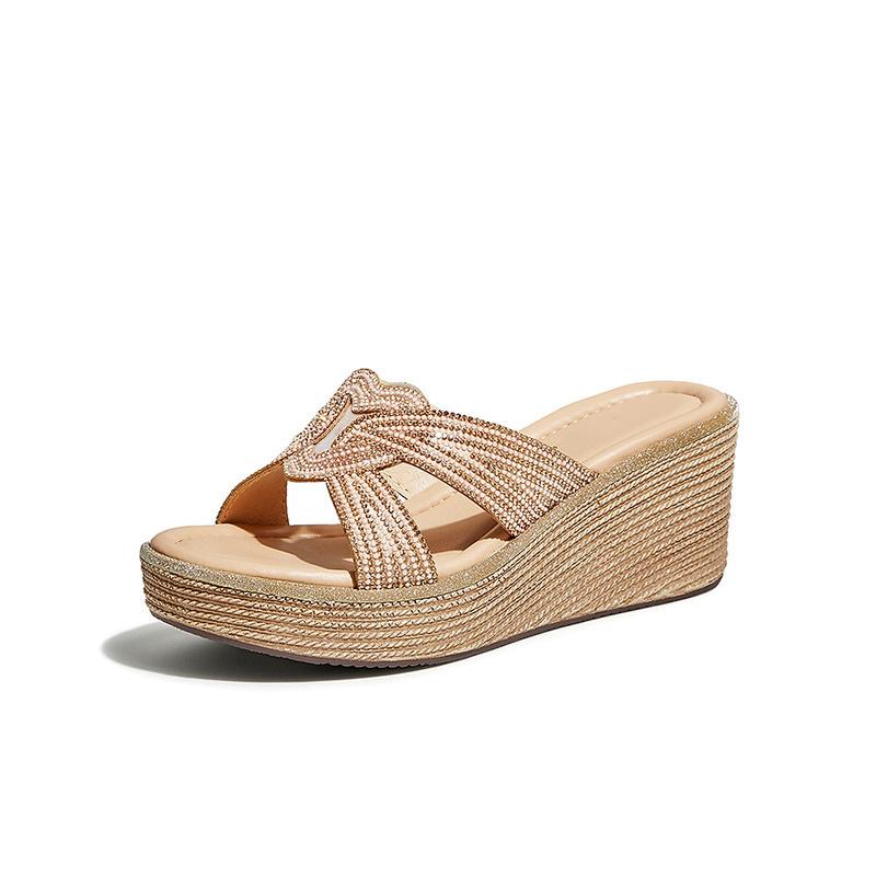 Модные босоножки на танкетке с ремешком на щиколотке для женщин 2024, со стразами, на толстой платформе, летняя мода, универсальные туфли-гладиаторы с пряжкой