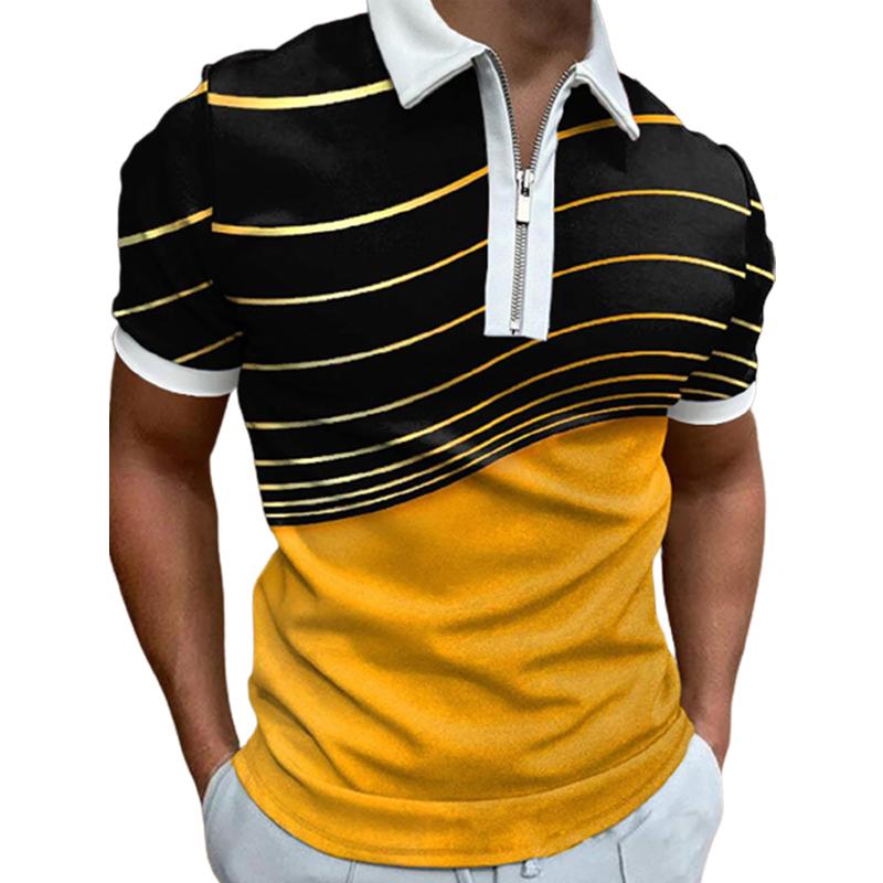 Casual Lapel T-shirt Young Men's Fashion Zipper T-shirt Short Sleeve T-shirt Men's 3D Sea Wave Print T Shirt