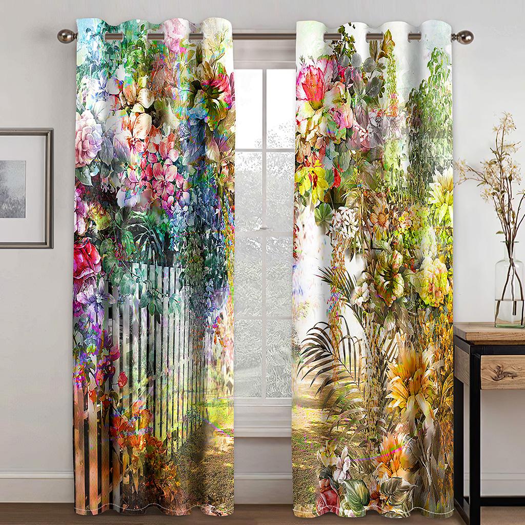2 Panels Flower Path Printed Curtain Rod Pocket Semi Blackout Window Treatment For Bedroom Office Kitchen Living Room Study Home