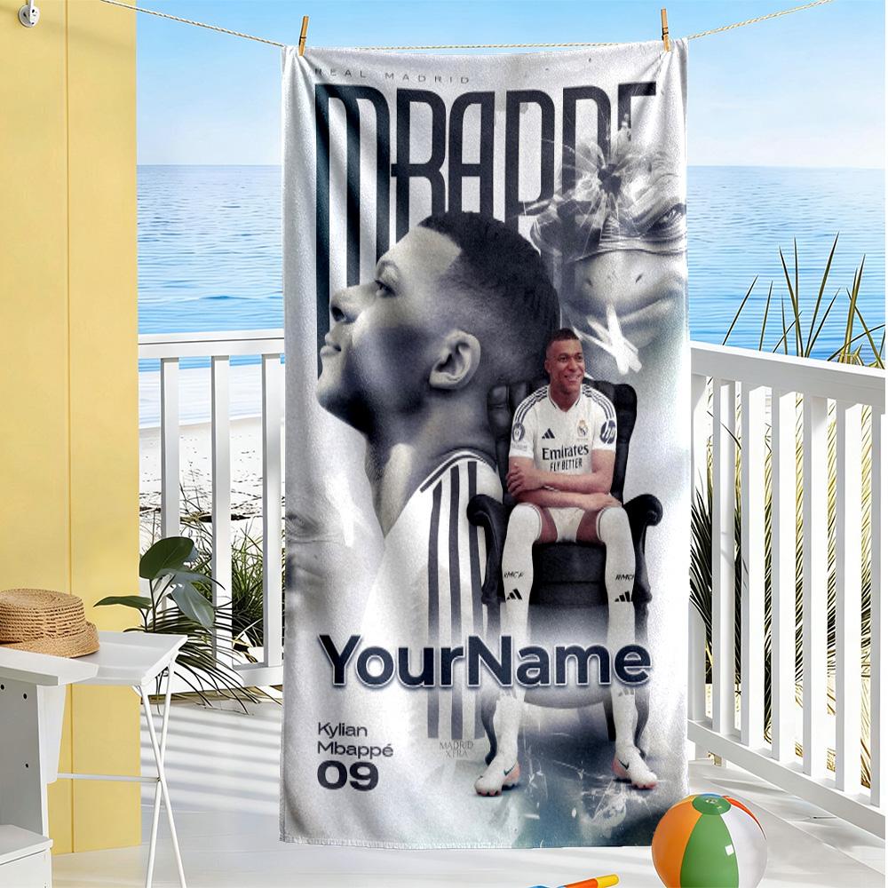 Mbappe Customize Text Beach Towel Super Soft Microfiber Quickdry Fabric Suitable for Swimming Gym Camping Yoga Vacation
