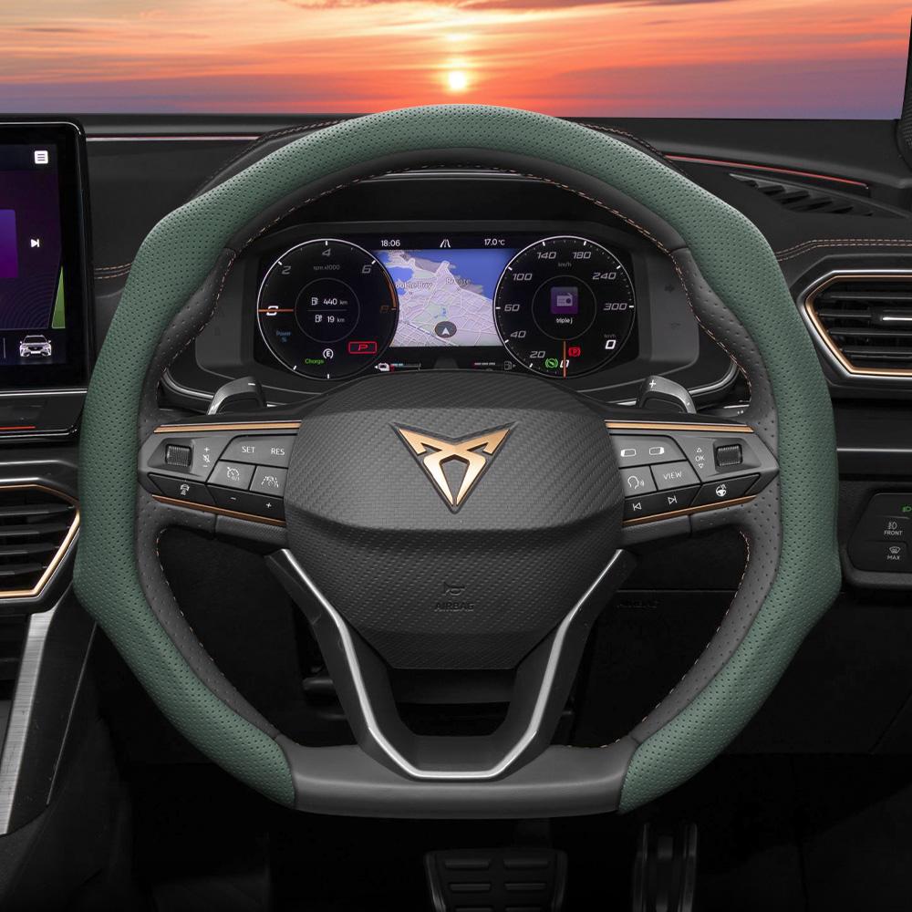 zkfan8 Suitable for Cupra Perforated Leather Steering Wheel Cover, Non-Slip, Sweat-Absorbent, Breathable, Integrated Snap-On