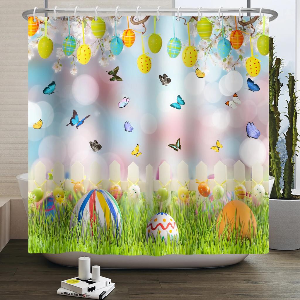 Весенняя Пасхальная Занавеска для душа Счастливый Кролик Кролик Яйца Цветочный Сад Цветочный Праздничный Водонепроницаемая Занавеска для душа для ванной комнаты с крючками