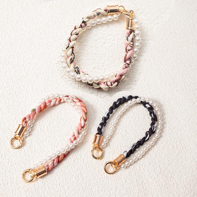 Douyin-Style Pearl Phone Lanyard with Silk Scarf Strap & Pendant