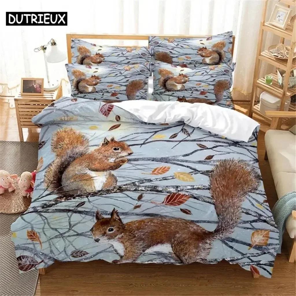 3D Squirrel Bedding Set Queen Bedding Duvet Cover Set Bedding Set Bed Cover Cotton Queen Bedroom Bed Cover