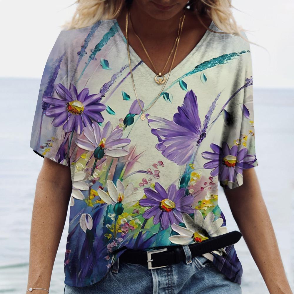 3D Art Print Tops Свободные футболки с коротким рукавом Летняя уличная мода Повседневные свободные женские футболки с V-образным вырезом Женская одежда