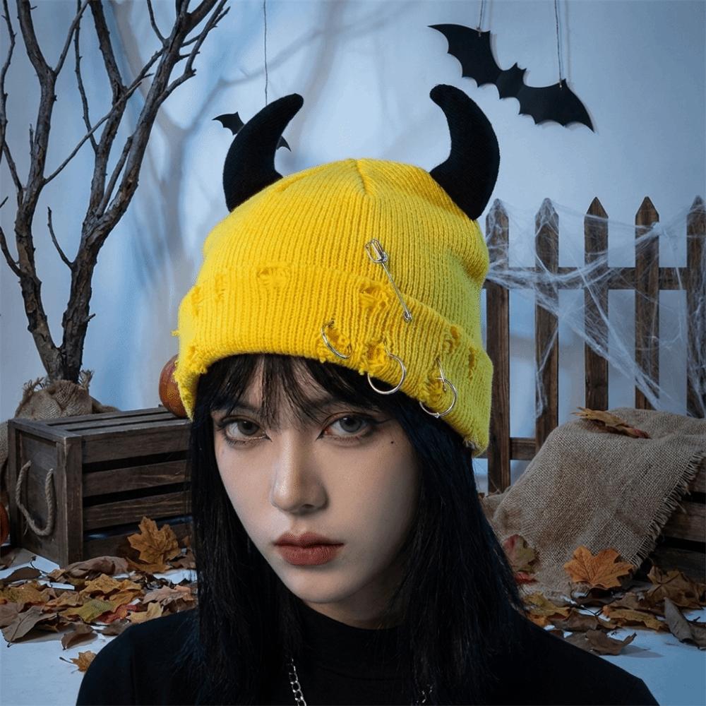 Solid Color Winter Pullover Cap Distressed Knitted Beanie Fashion Devil Horns Hat Female/Male