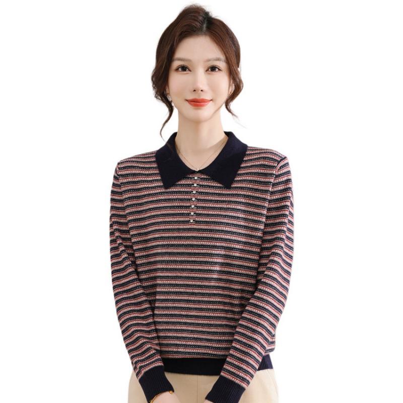 Autumn New Middle-aged and Old Bottoming Shirt Top Fashionable Mother Striped Knitted Sweater Loose and Casual